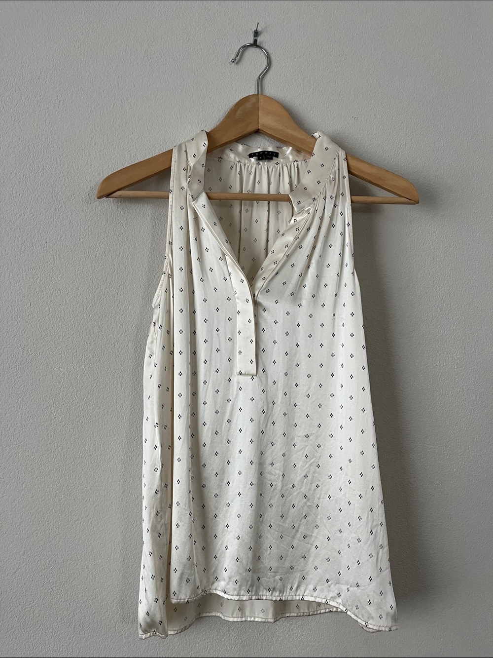 Theory Silk Cream Blouse with Black Micro-Print Sleeveless Size S